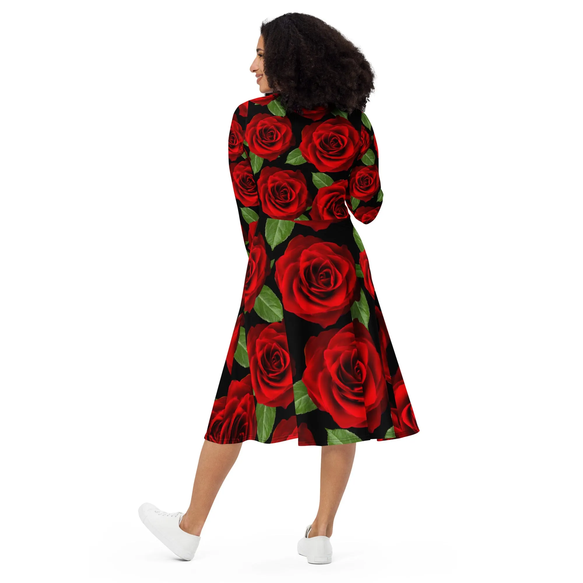 Red Roses Black Long Sleeve Midi Dress