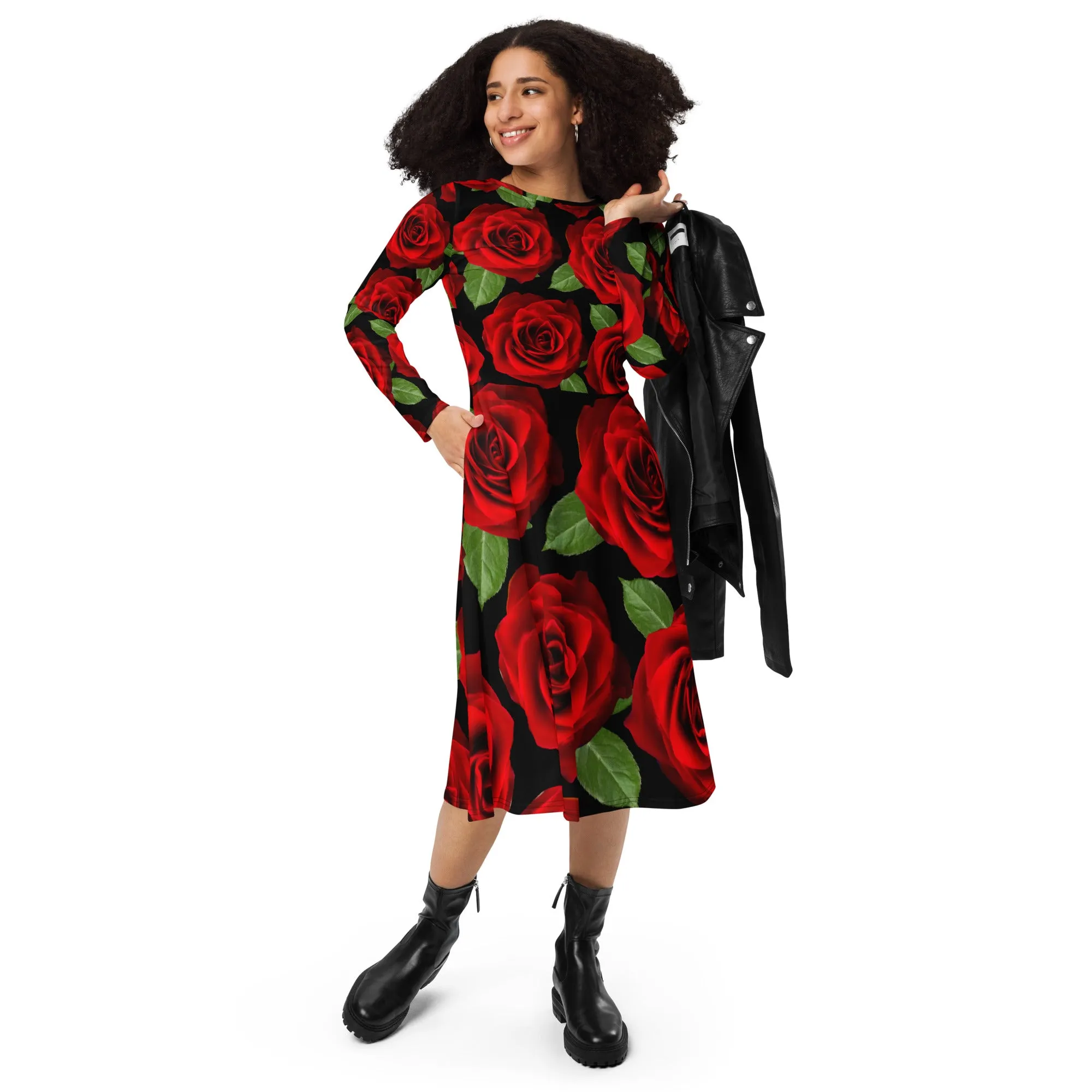 Red Roses Black Long Sleeve Midi Dress