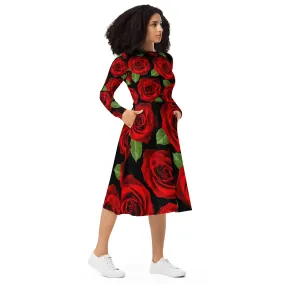 Red Roses Black Long Sleeve Midi Dress