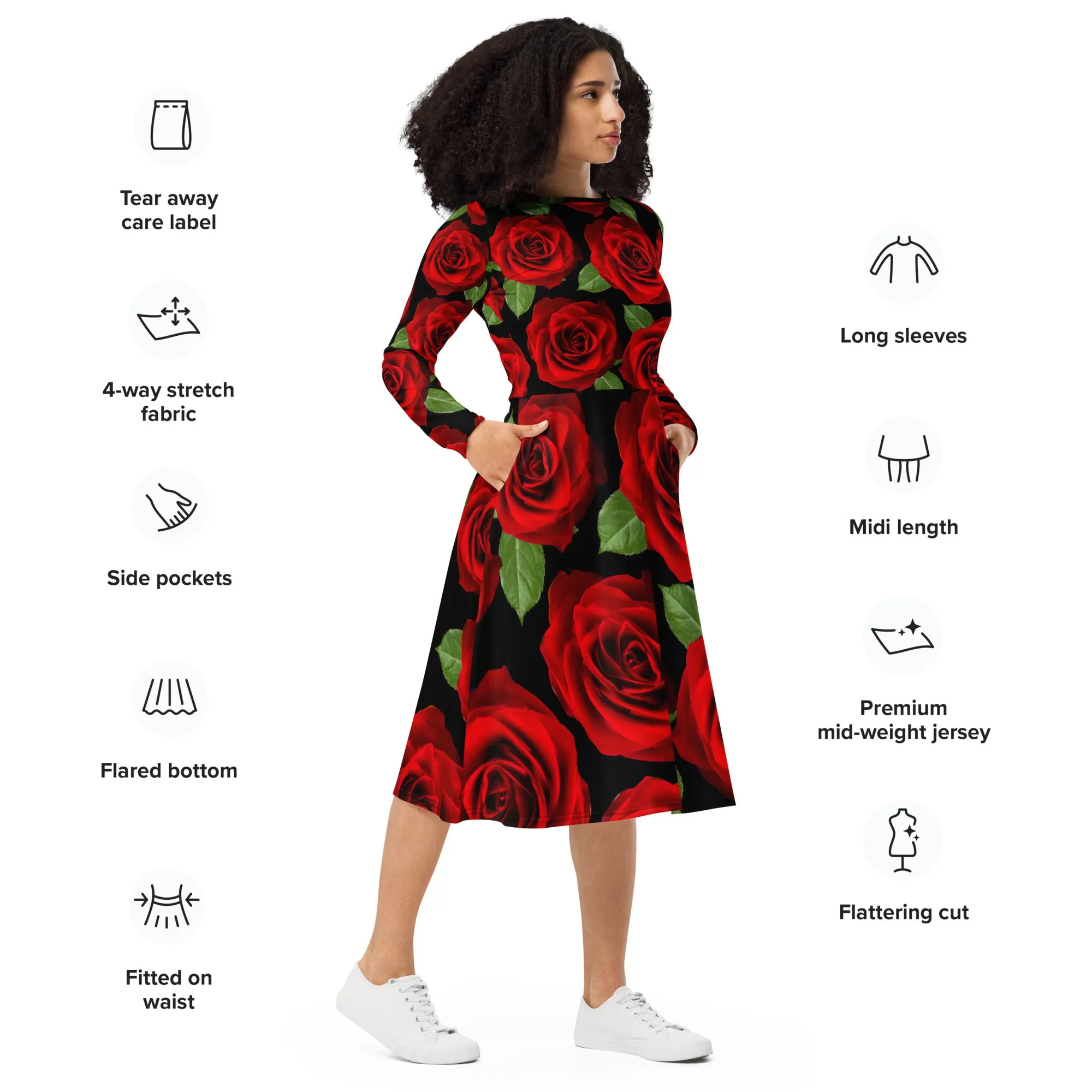 Red Roses Black Long Sleeve Midi Dress