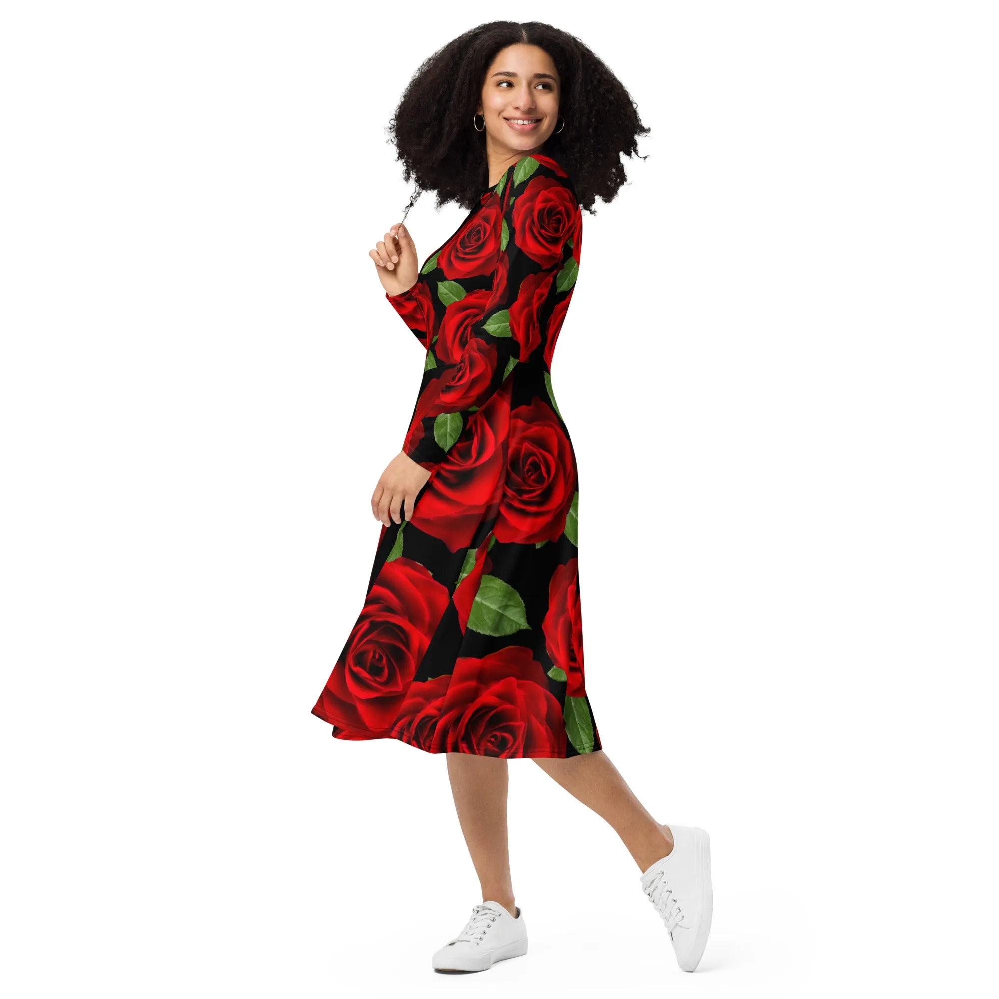 Red Roses Black Long Sleeve Midi Dress