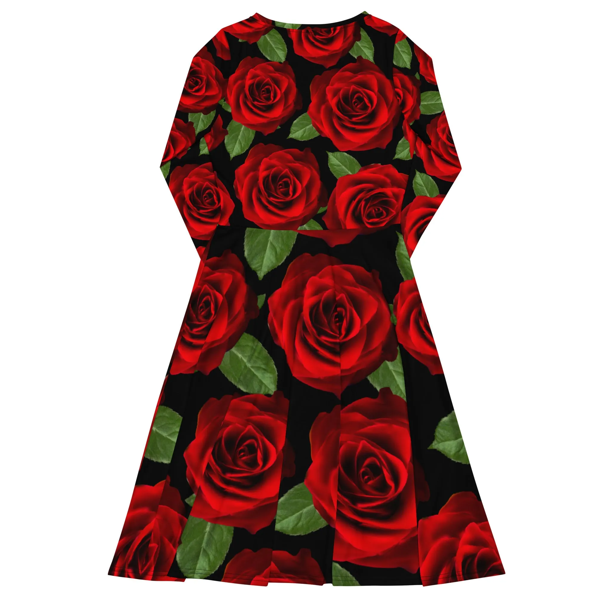 Red Roses Black Long Sleeve Midi Dress