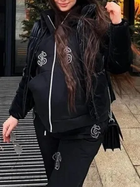 Rhinestone Print Zip Up Oversized Hoodie