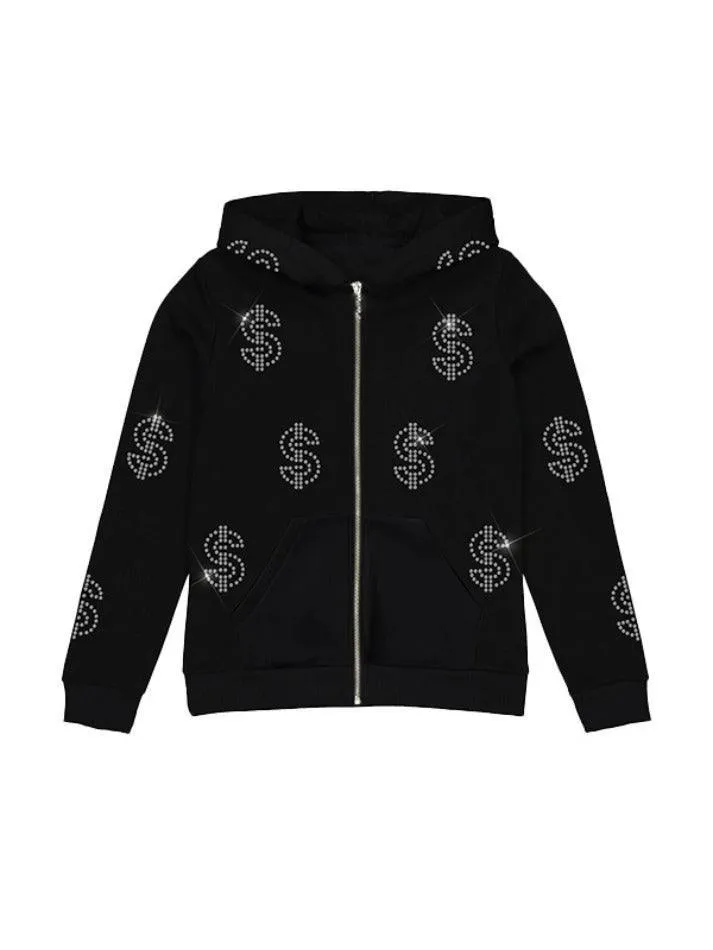 Rhinestone Print Zip Up Oversized Hoodie