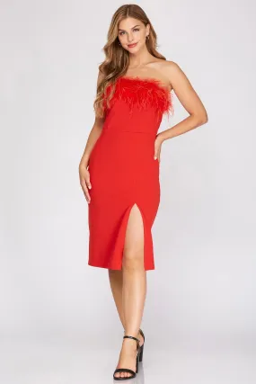 Selena long feather dress, red