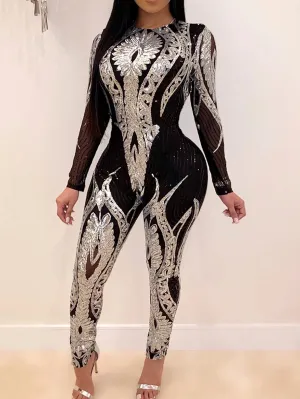 Sexy Black & Silver Sequin Catsuit Jumpsuit