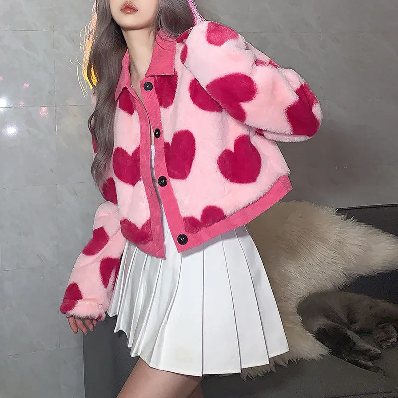 Splicing contrast color love hearts furry puffy jacket coat lapel collar cardigan crop top women kawaii sweater