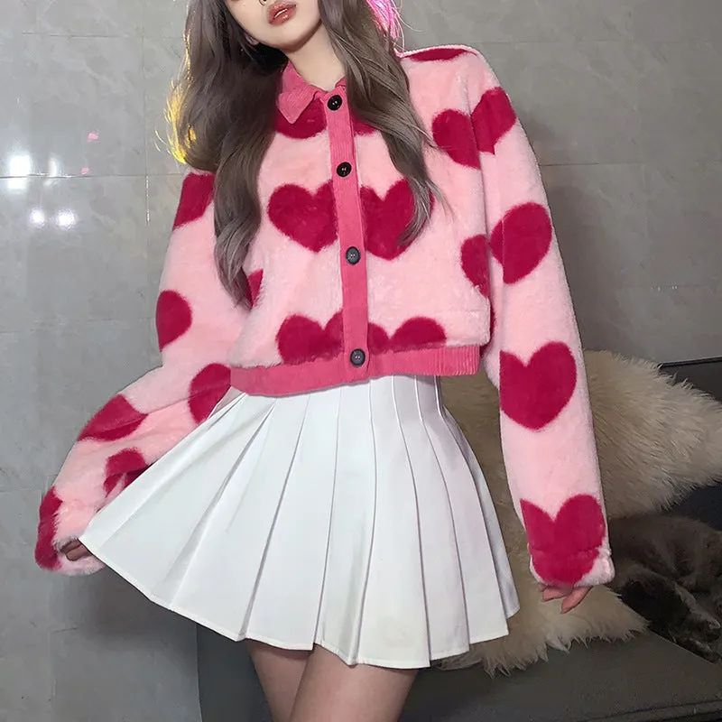 Splicing contrast color love hearts furry puffy jacket coat lapel collar cardigan crop top women kawaii sweater