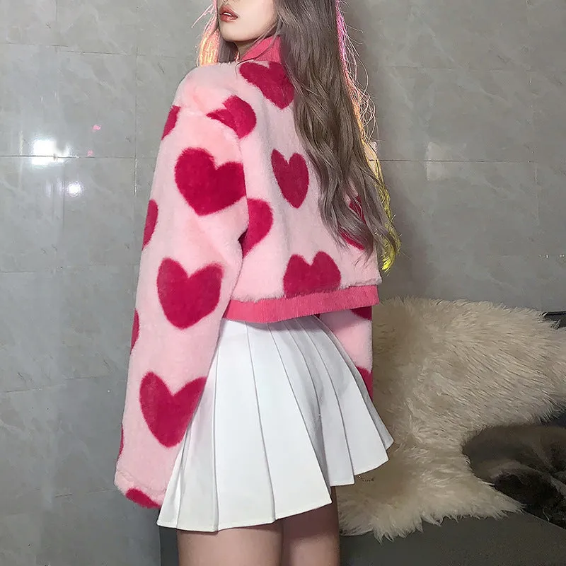 Splicing contrast color love hearts furry puffy jacket coat lapel collar cardigan crop top women kawaii sweater