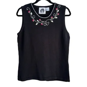 Storybook Knits Embroidered Floral Black Tank Top Ramie & Cotton Blend Ladies M