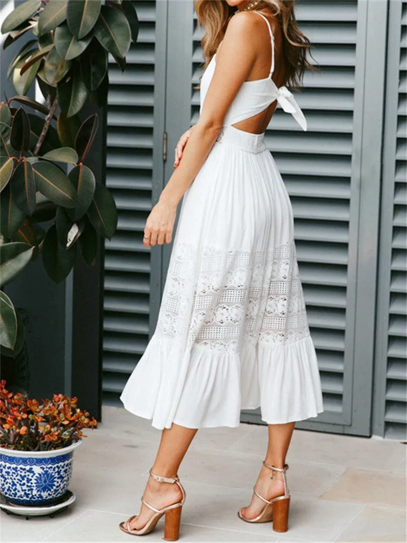 Summer Fashion Boho Long Dress Women Ladies Sleeveless White Lace Beach Dress Evening Party Casual Dresses Vestidos