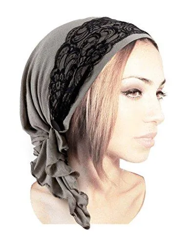 Taupe Gray Head-scarf Tichel Embellished W/ Wide Black Floral Lace & Two Black Fabric Buttons! (Taupe black lace buttons - 327)