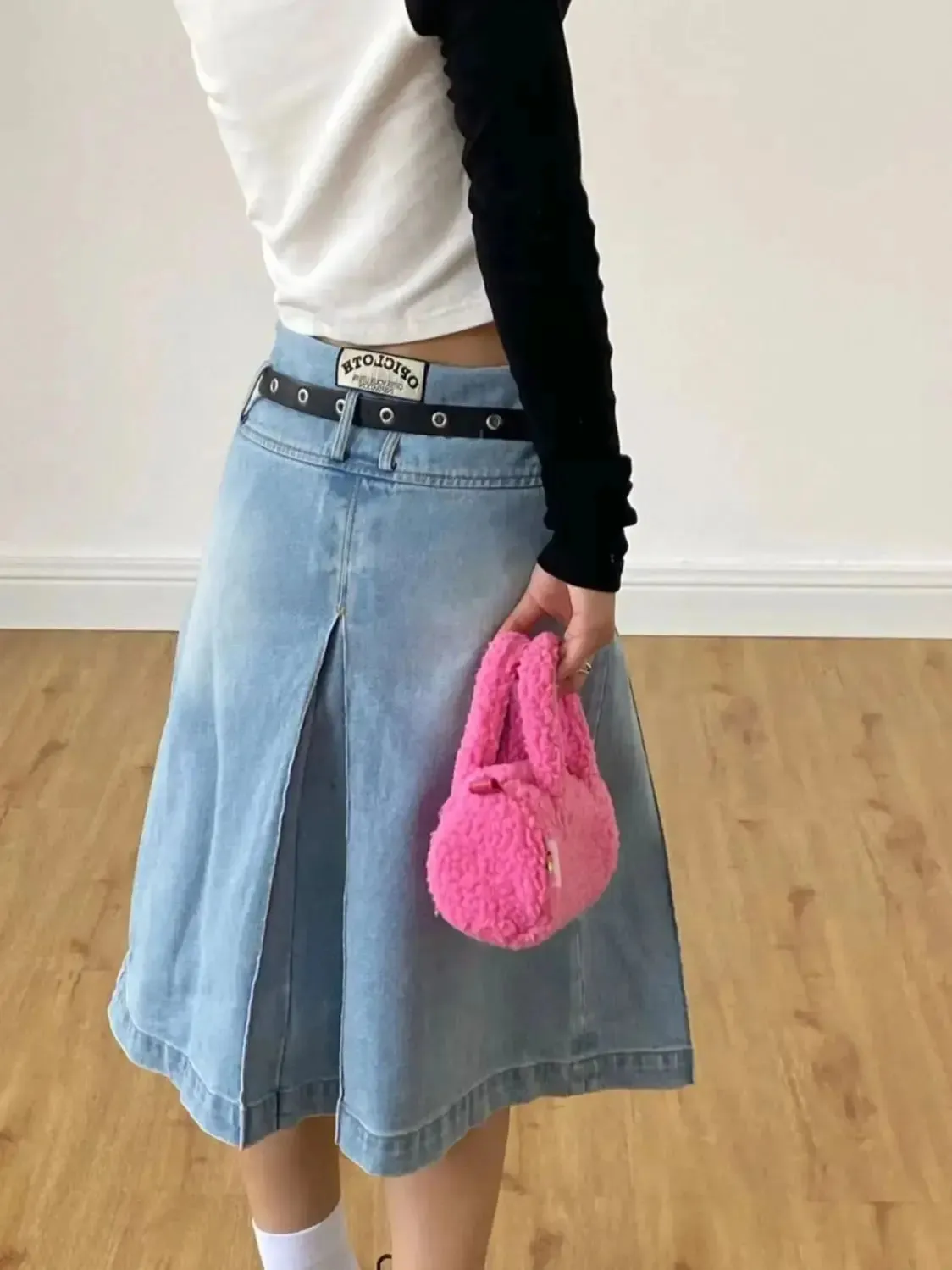 TAVIMART  -  Denim Pleated Skirt High Waist Y2k Streetwear Women Vintage A-Line Distressed Knee-Lenght Jeans Skirt Japanese Fashion Versatile