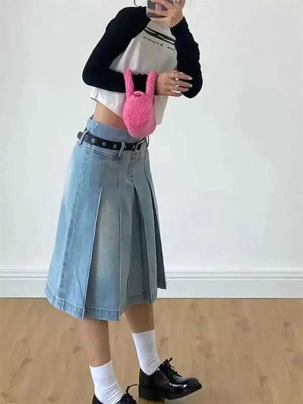 TAVIMART  -  Denim Pleated Skirt High Waist Y2k Streetwear Women Vintage A-Line Distressed Knee-Lenght Jeans Skirt Japanese Fashion Versatile