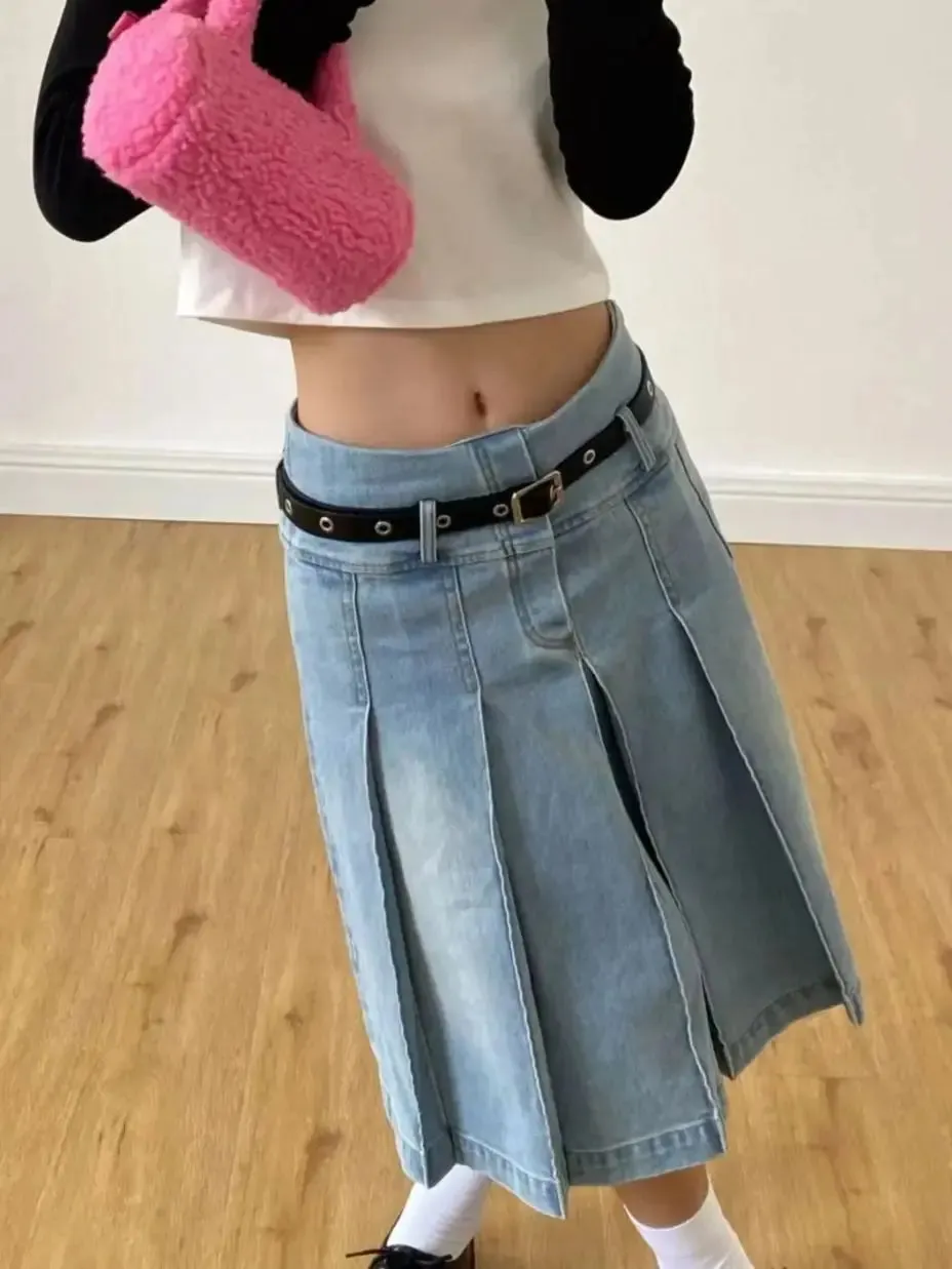 TAVIMART  -  Denim Pleated Skirt High Waist Y2k Streetwear Women Vintage A-Line Distressed Knee-Lenght Jeans Skirt Japanese Fashion Versatile