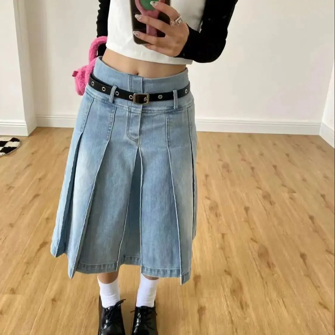 TAVIMART  -  Denim Pleated Skirt High Waist Y2k Streetwear Women Vintage A-Line Distressed Knee-Lenght Jeans Skirt Japanese Fashion Versatile