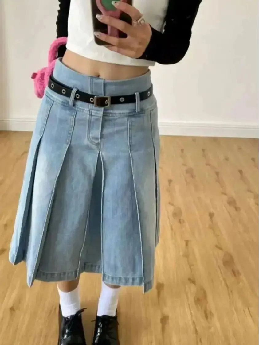 TAVIMART  -  Denim Pleated Skirt High Waist Y2k Streetwear Women Vintage A-Line Distressed Knee-Lenght Jeans Skirt Japanese Fashion Versatile