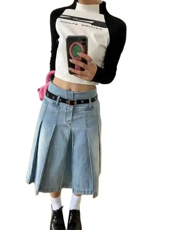 TAVIMART  -  Denim Pleated Skirt High Waist Y2k Streetwear Women Vintage A-Line Distressed Knee-Lenght Jeans Skirt Japanese Fashion Versatile