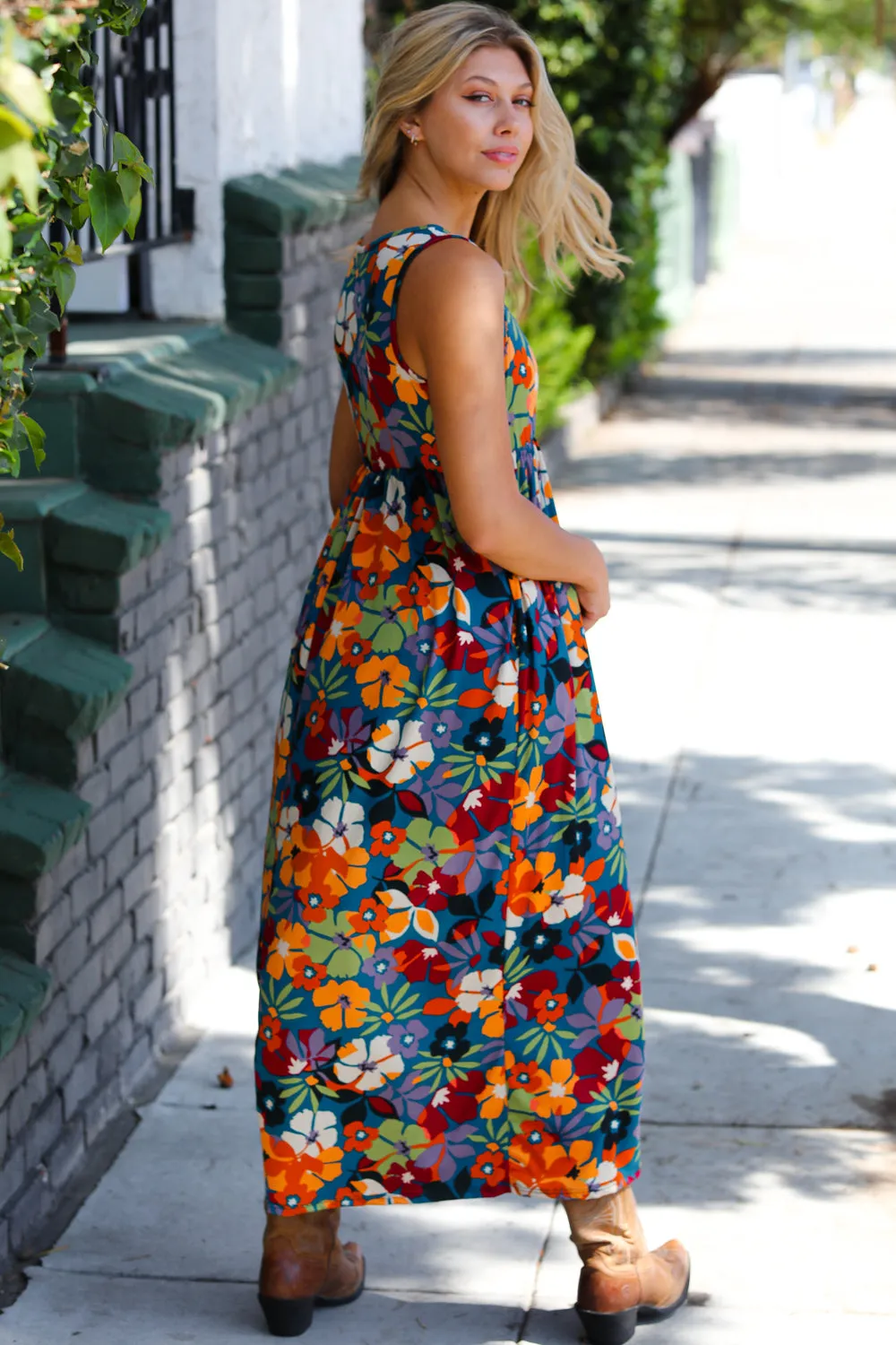 Teal Maroon Floral Tank Maxi Dress