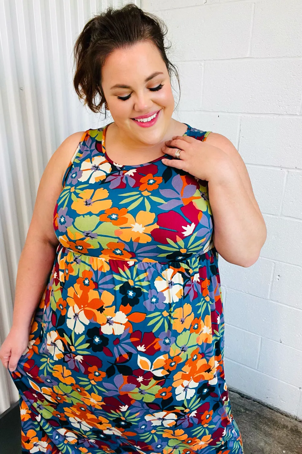 Teal Maroon Floral Tank Maxi Dress