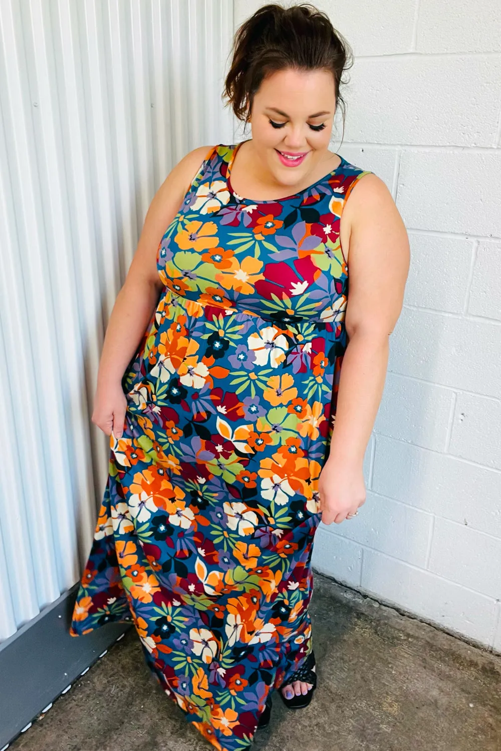 Teal Maroon Floral Tank Maxi Dress