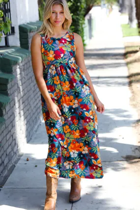 Teal Maroon Floral Tank Maxi Dress