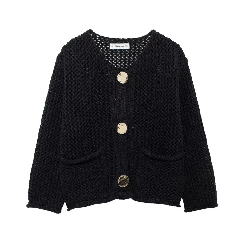 Trendy Golden Button Oversized Hollow-Knit Cardigan