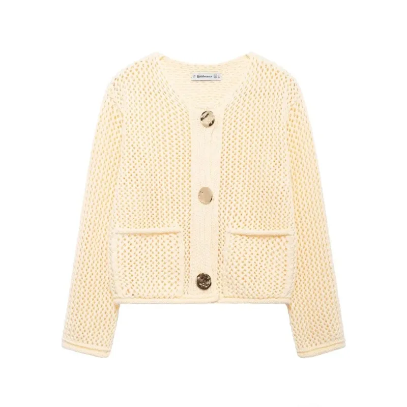 Trendy Golden Button Oversized Hollow-Knit Cardigan