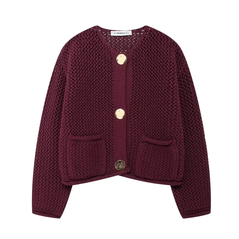 Trendy Golden Button Oversized Hollow-Knit Cardigan