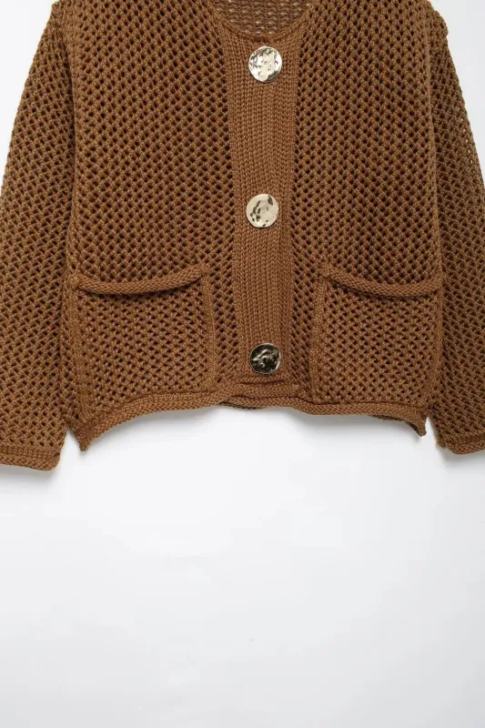 Trendy Golden Button Oversized Hollow-Knit Cardigan