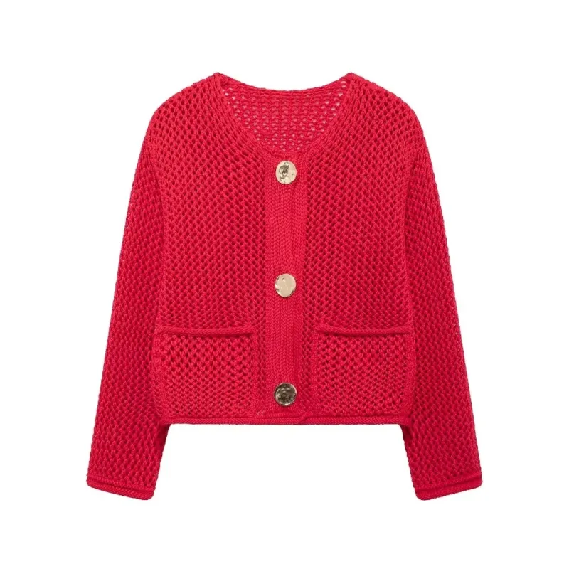 Trendy Golden Button Oversized Hollow-Knit Cardigan