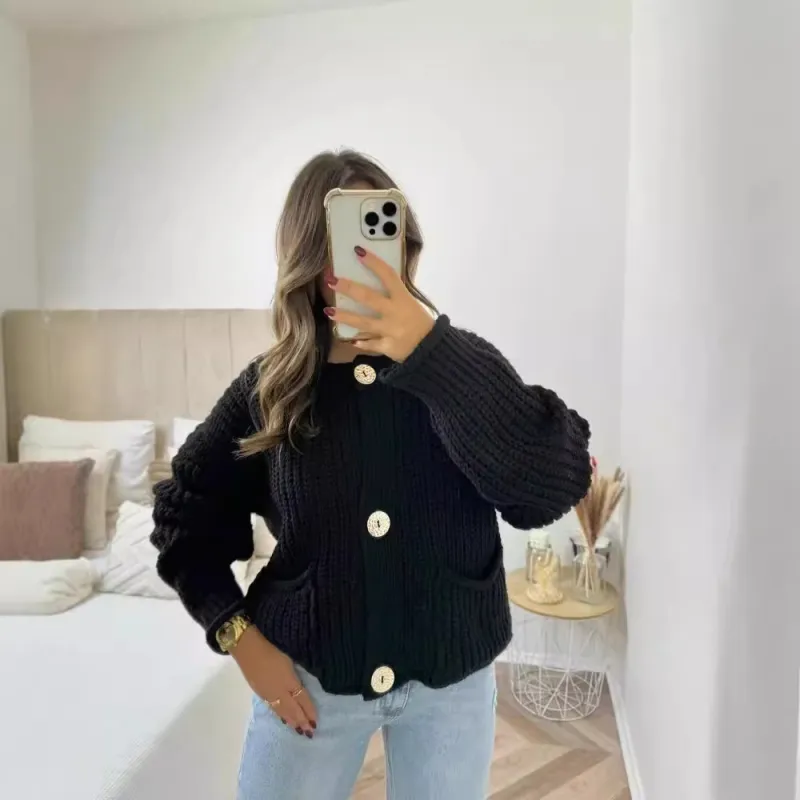 Trendy Golden Button Oversized Hollow-Knit Cardigan