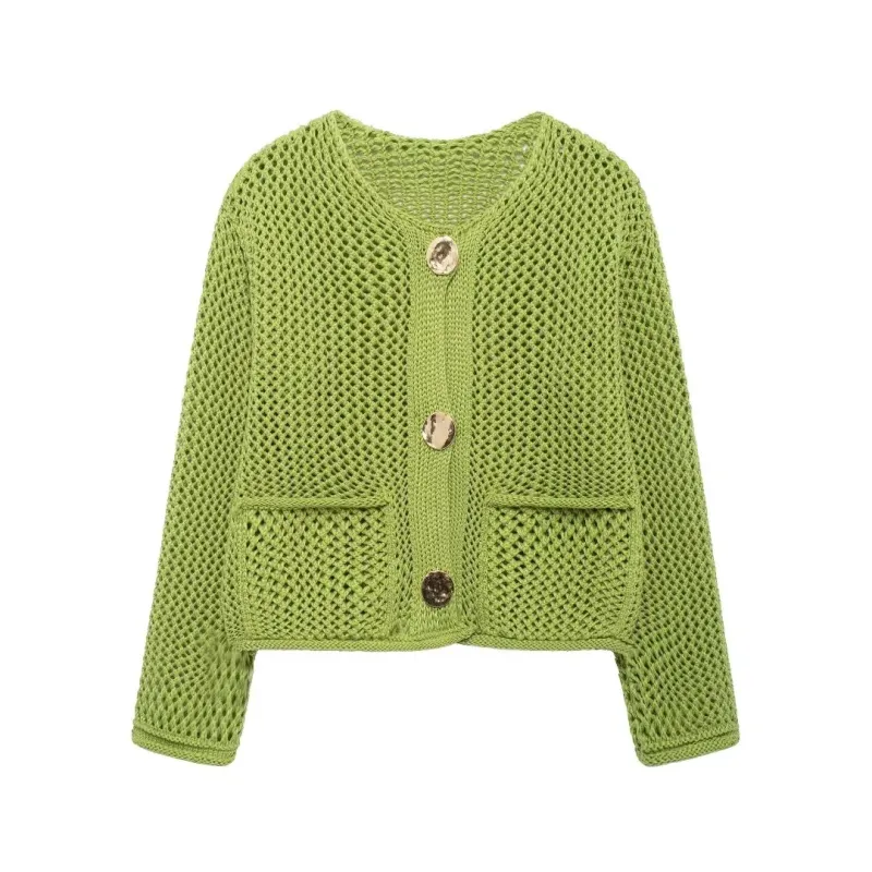 Trendy Golden Button Oversized Hollow-Knit Cardigan