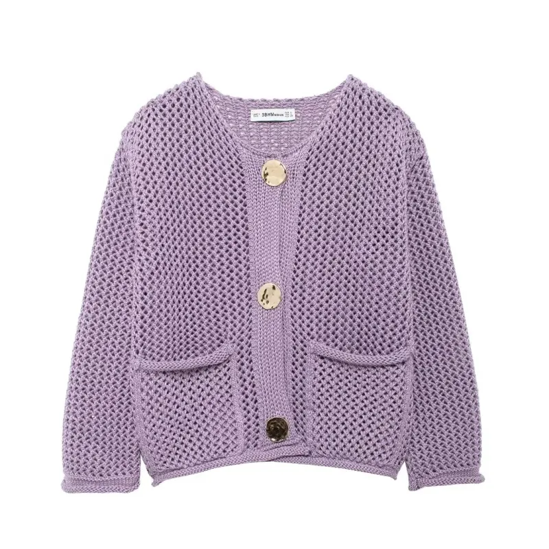 Trendy Golden Button Oversized Hollow-Knit Cardigan