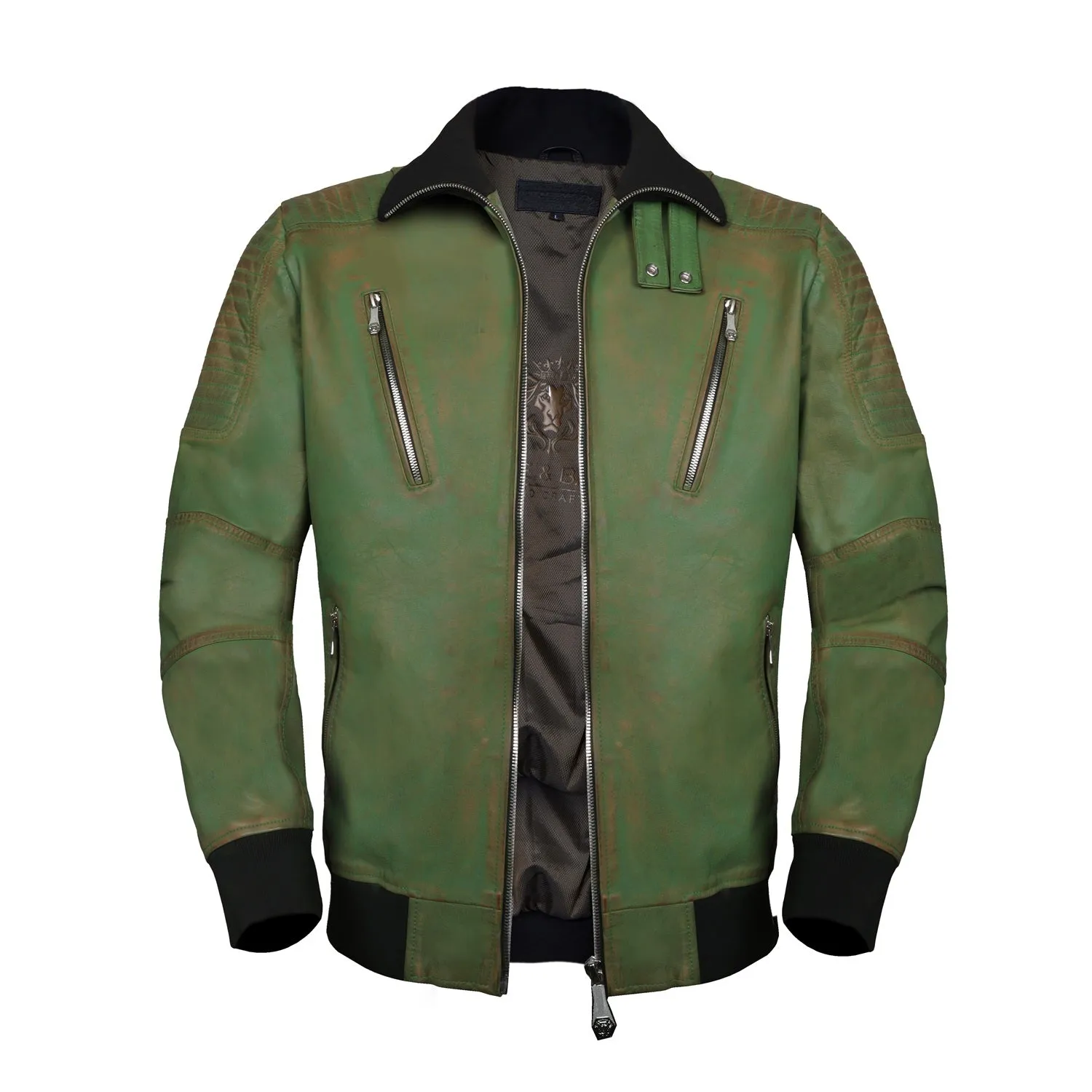 Turtle Ribbed Collar Jacket For Men in Green Rustic Genuine Leather By Brune & Bareskin