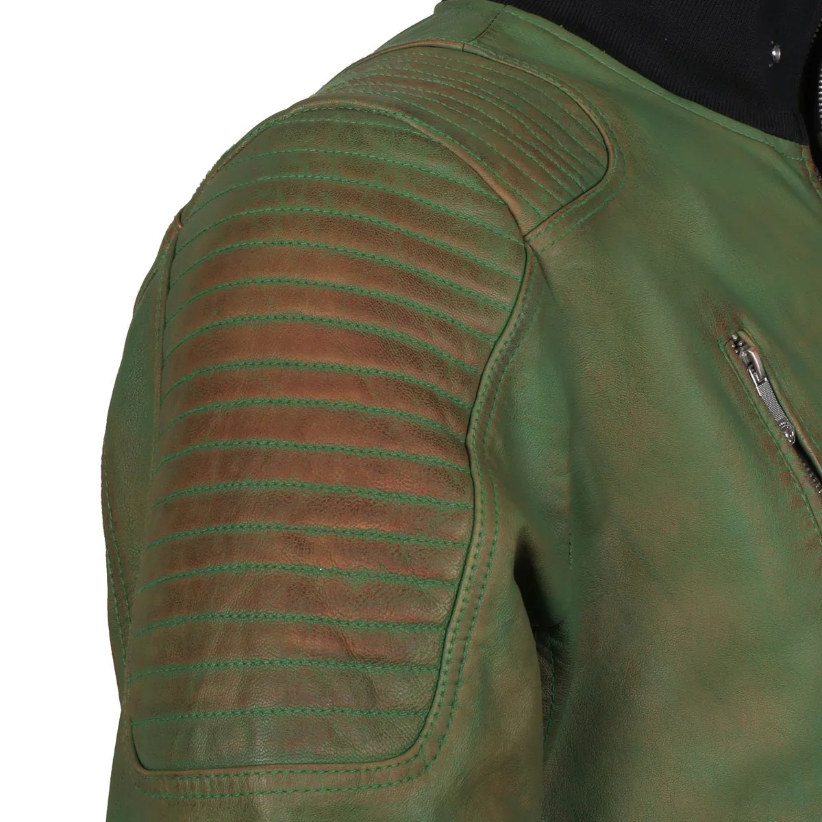 Turtle Ribbed Collar Jacket For Men in Green Rustic Genuine Leather By Brune & Bareskin