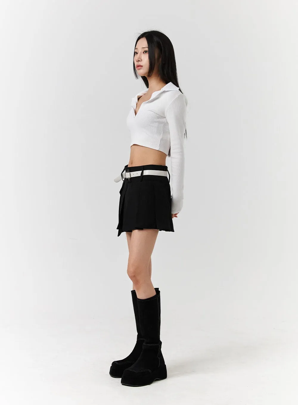 V-Neck Collar Long Sleeve Crop Tee CD322