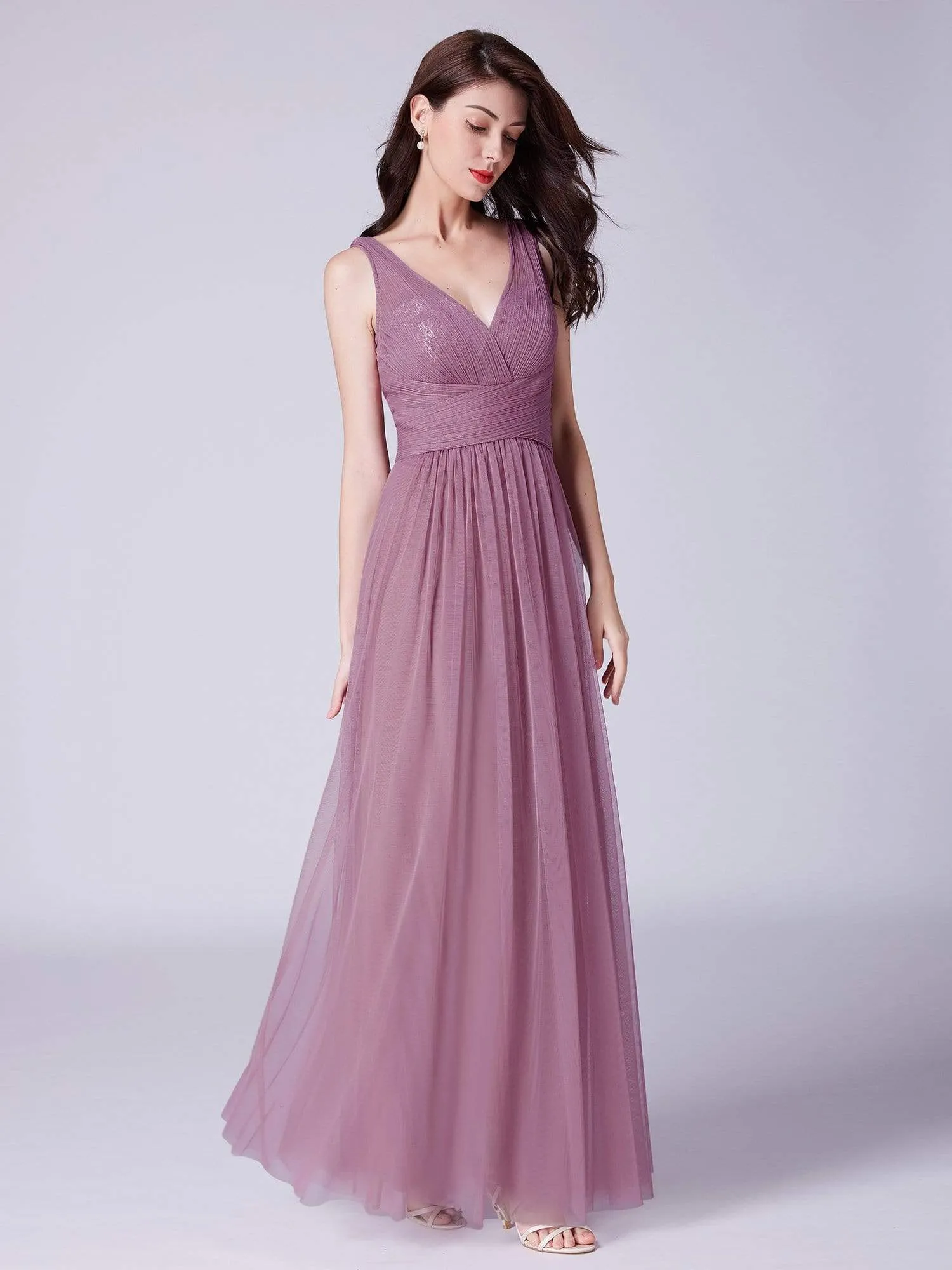 V Neck Ruched Waist Long Tulle Bridesmaid Dress