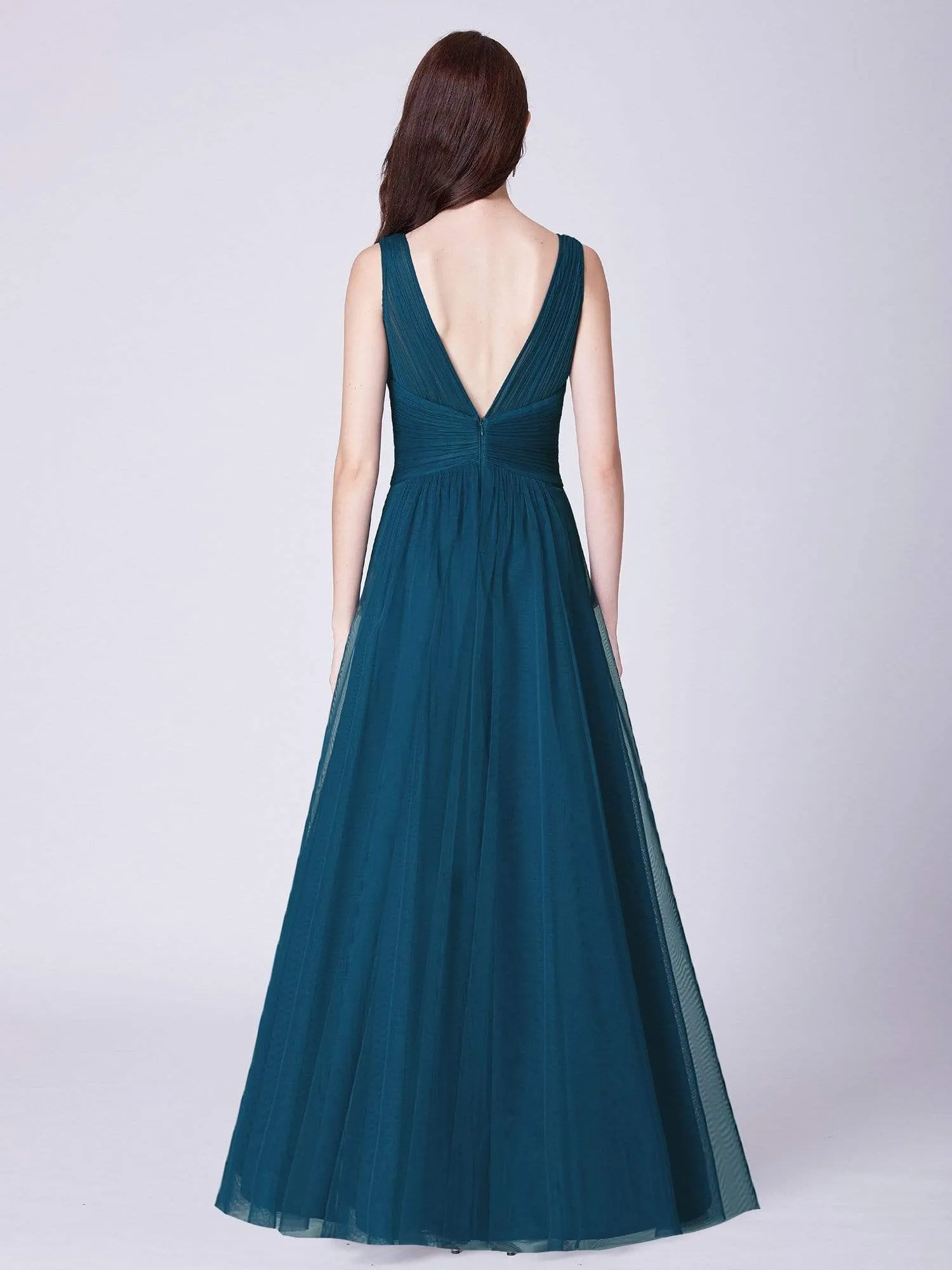 V Neck Ruched Waist Long Tulle Bridesmaid Dress