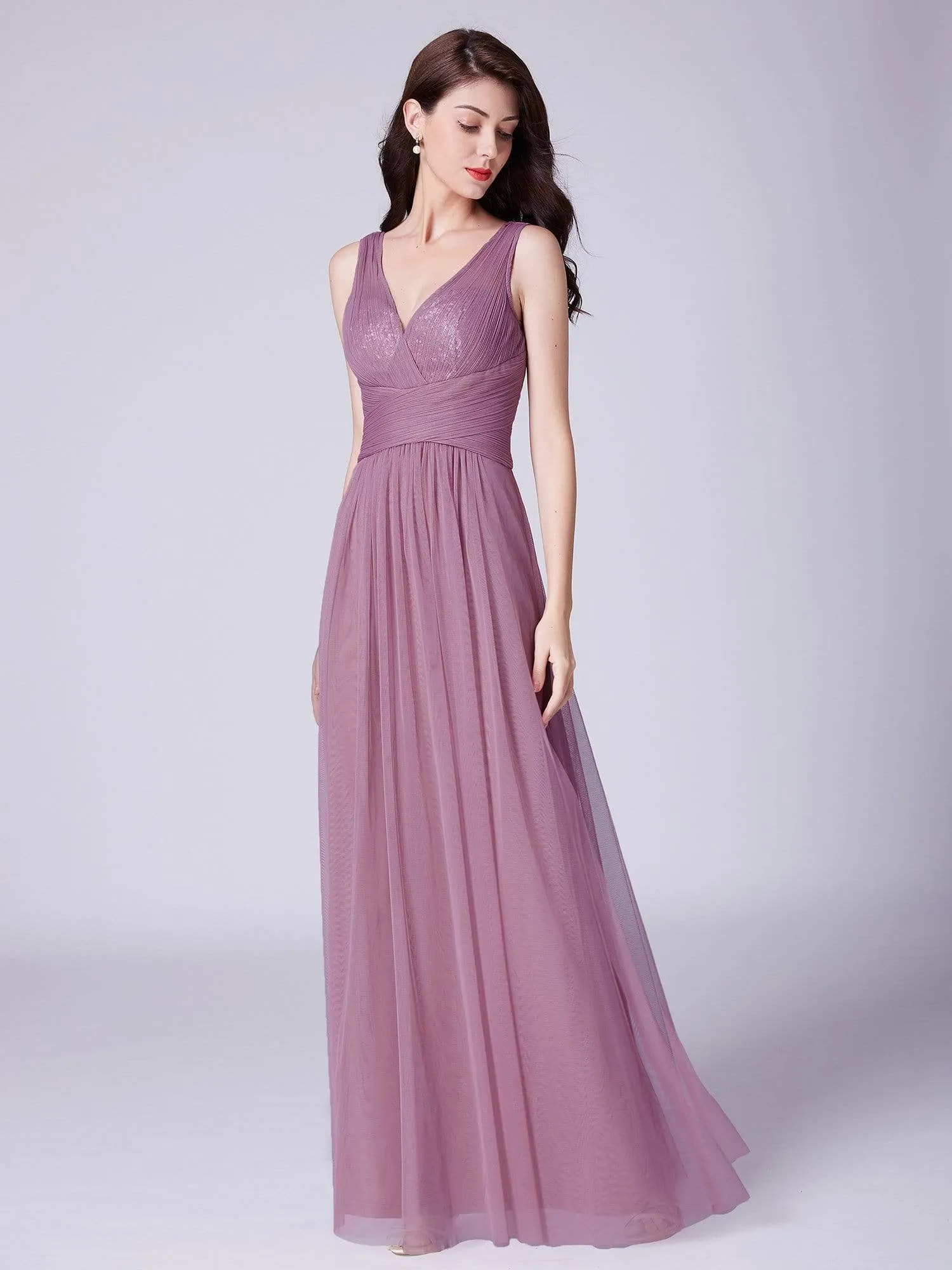 V Neck Ruched Waist Long Tulle Bridesmaid Dress