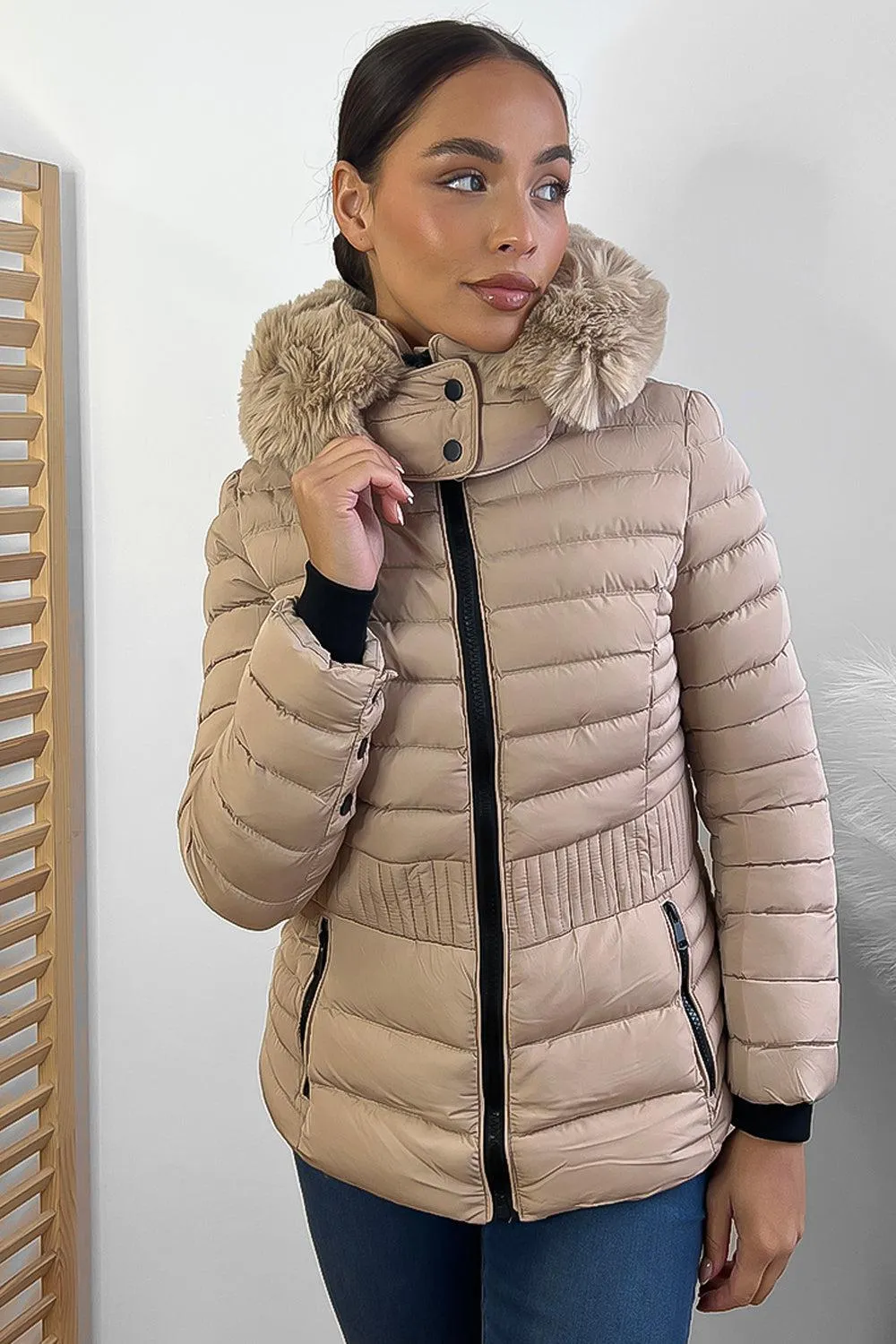 Vertical Zip Pockets Faux Fur Hooded Quilted Jacket