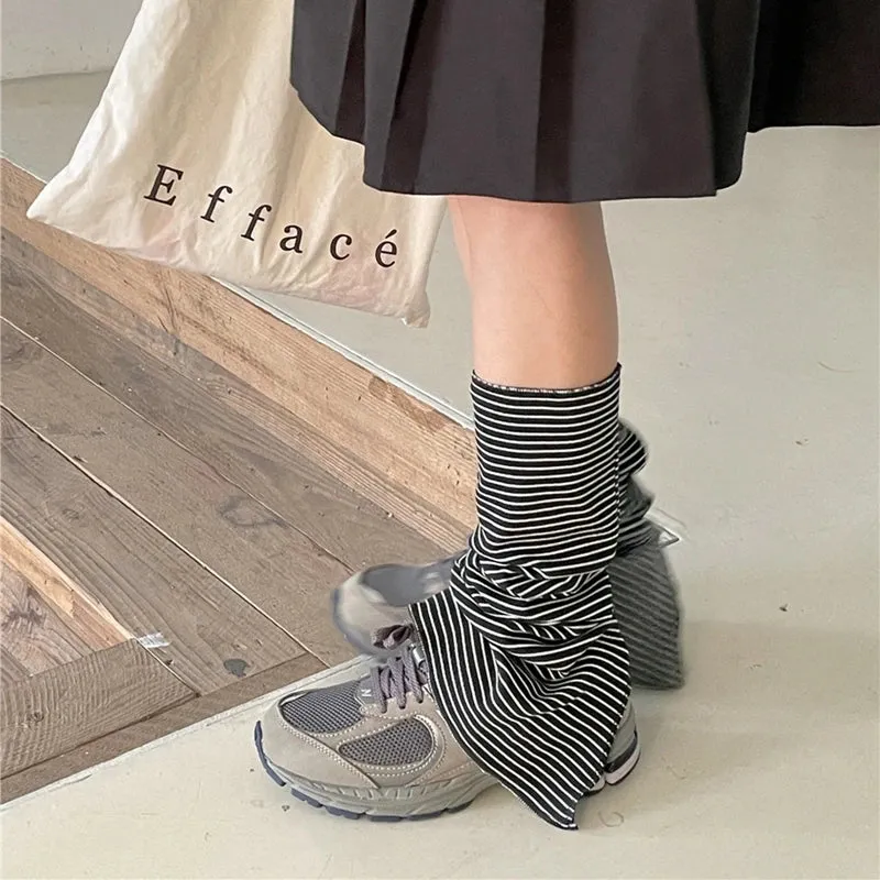 Vevesc Korean Harajuku Stripes Leg Warmers Teen Girl Kawaii Knee High Socks Boot Cuffs Cyber Grunge Flared Leg Warmers with Split Hem