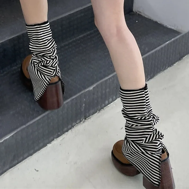 Vevesc Korean Harajuku Stripes Leg Warmers Teen Girl Kawaii Knee High Socks Boot Cuffs Cyber Grunge Flared Leg Warmers with Split Hem