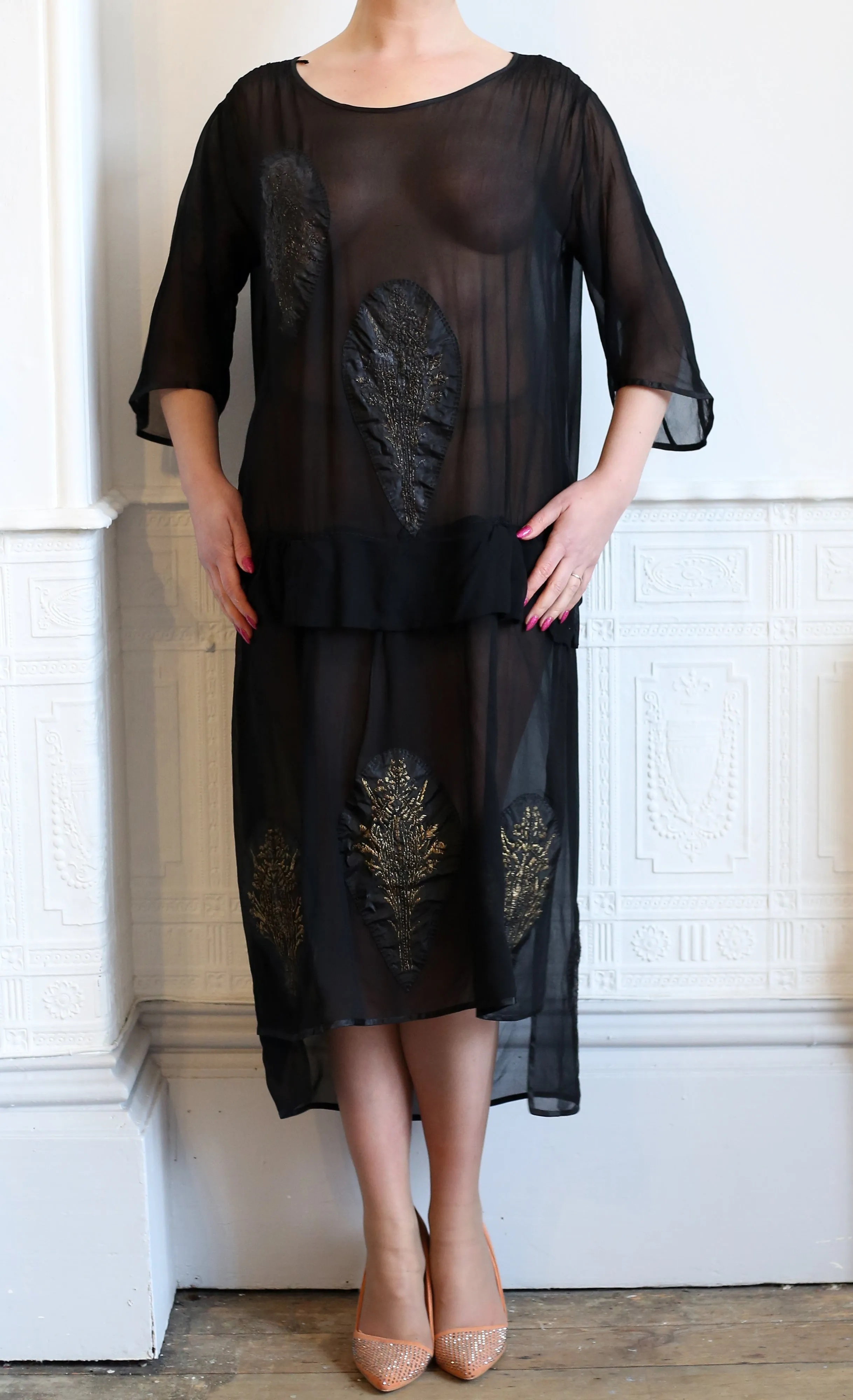 Vintage 1920s Black Silk Chiffon Applique Dress