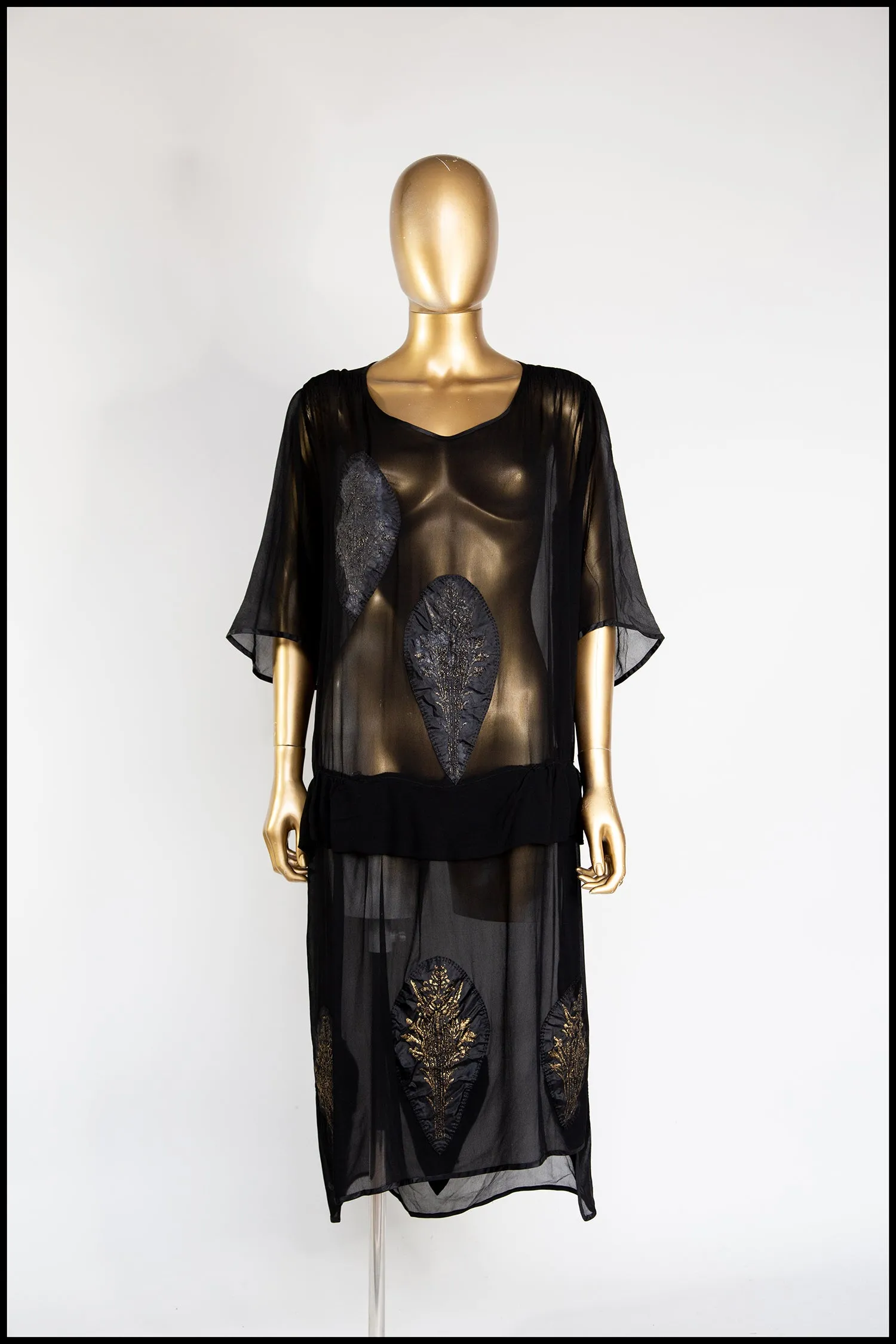 Vintage 1920s Black Silk Chiffon Applique Dress