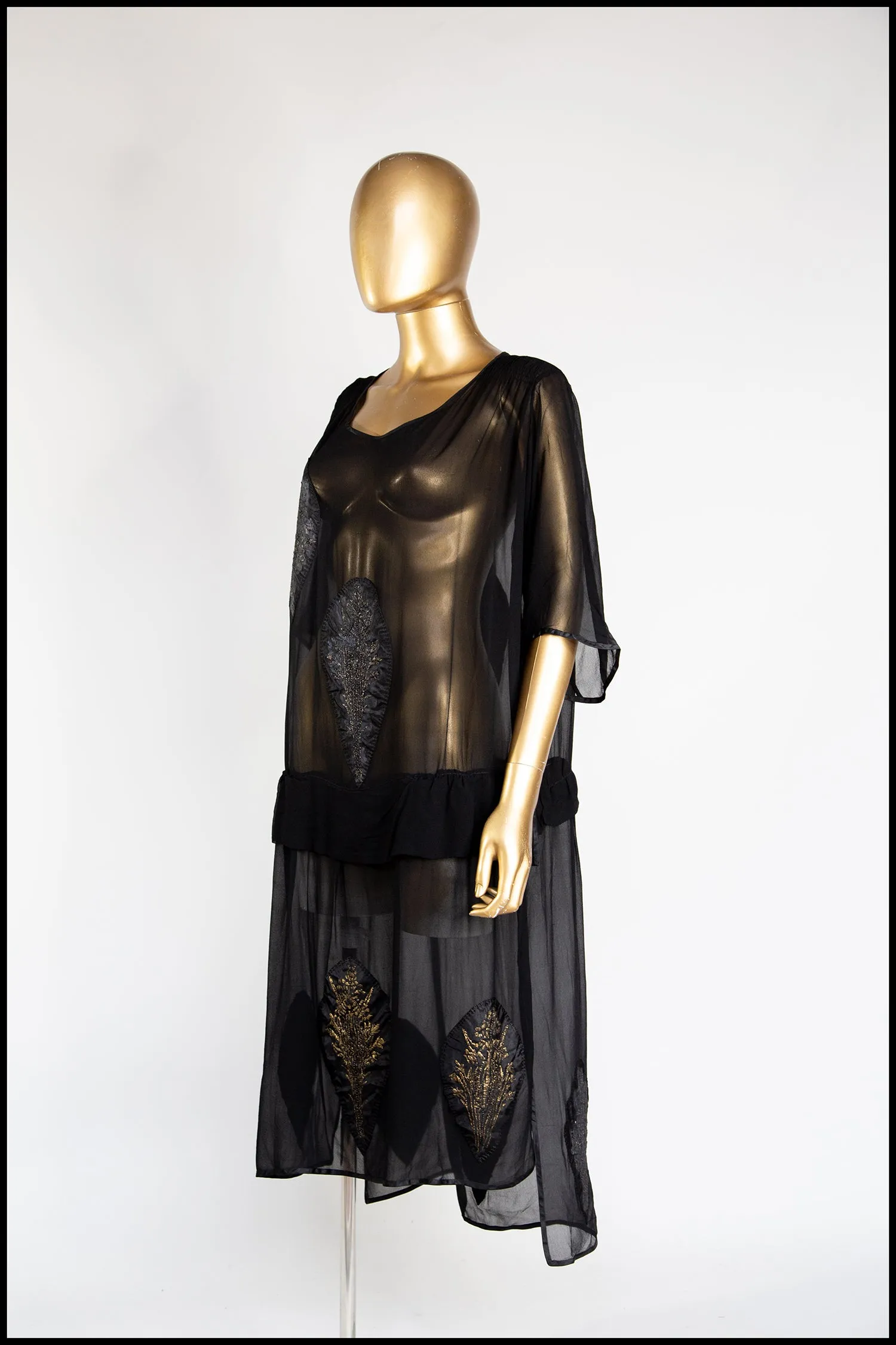 Vintage 1920s Black Silk Chiffon Applique Dress