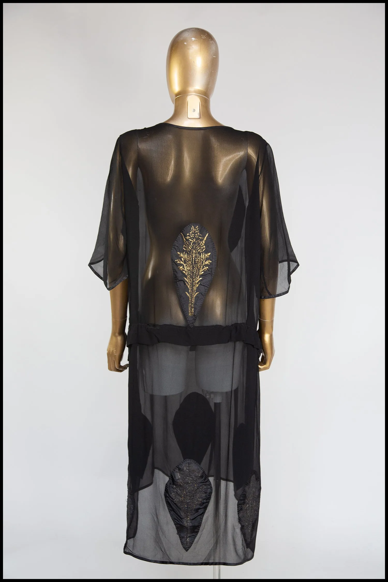 Vintage 1920s Black Silk Chiffon Applique Dress