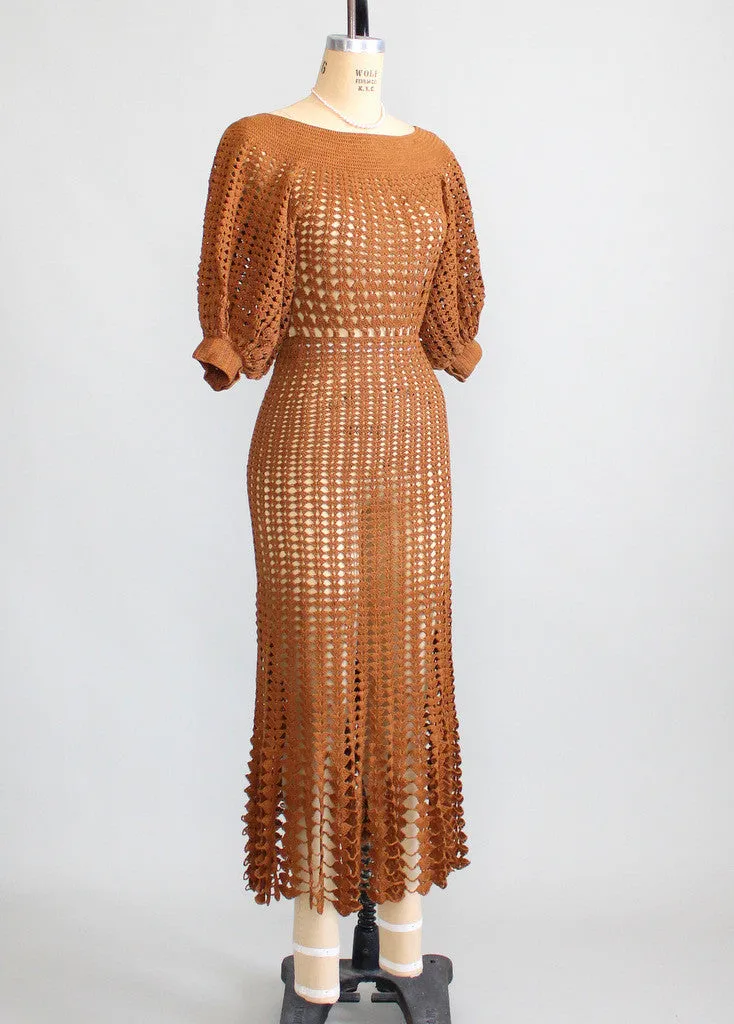 Vintage 1930s Brown Summer Crochet Dress