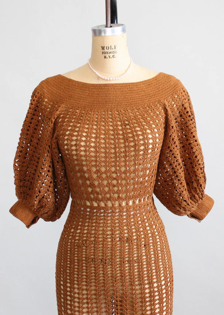 Vintage 1930s Brown Summer Crochet Dress