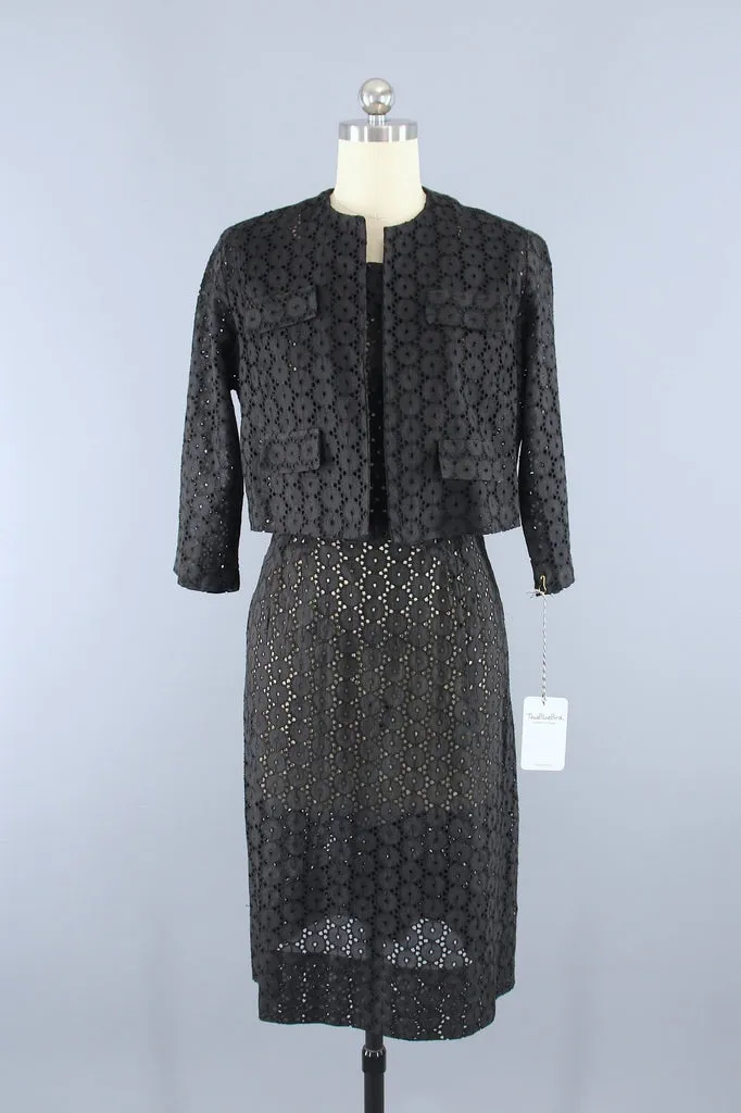 Vintage 1950s Black Cotton Eyelet Day Dress & Jacket Set